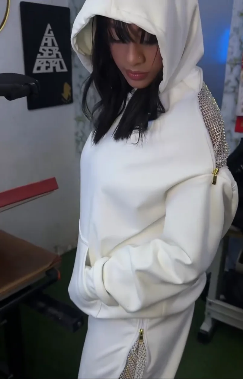 Y2k Harajuku Retro Mesh Lace Backless Zipper Hoodie and Sweatshirt Two Piece Set White Personality Women Sexy Sweatshirt Suit thumbnail 6
