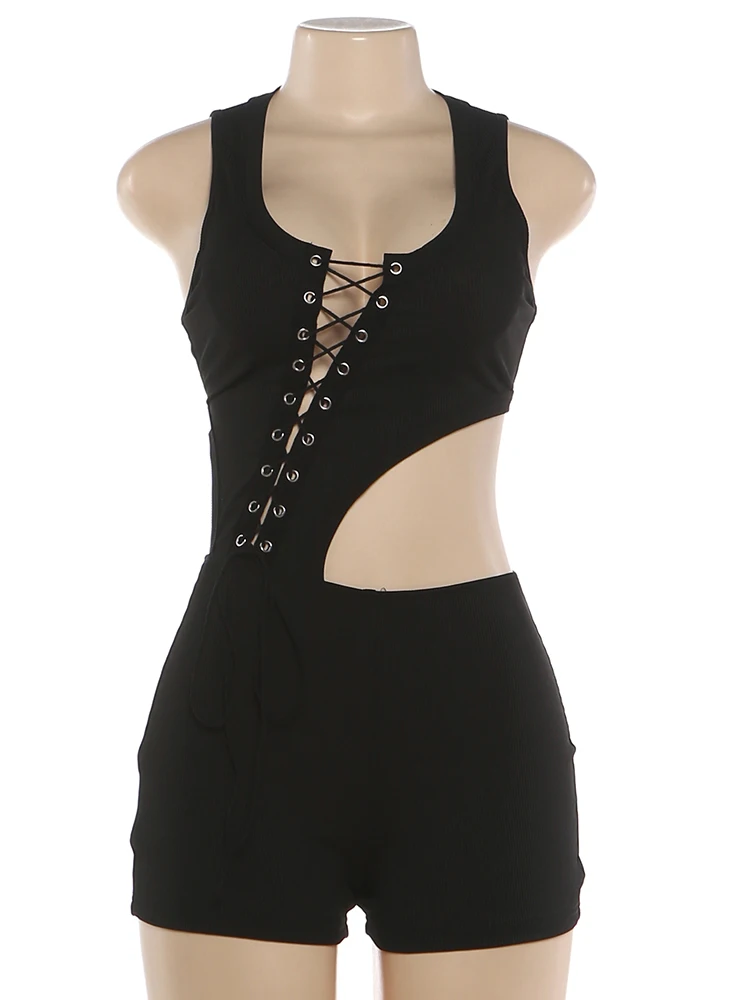 Weird Puss Sexy Hollow Playsuits Woman Summer Trend Cross Bandage Decoration U Collar Sleeveless Skinny Peach Hip Playsuits thumbnail 6
