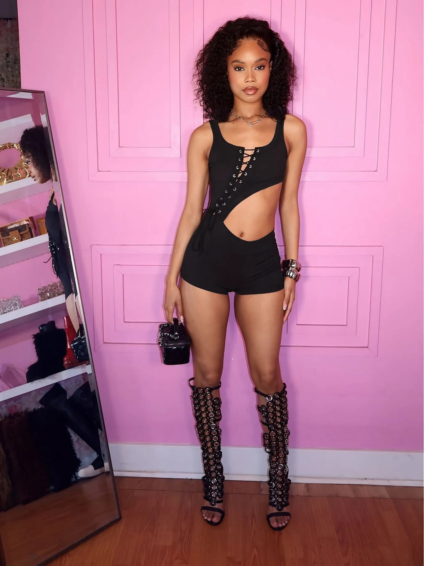 Weird Puss Sexy Hollow Playsuits Woman Summer Trend Cross Bandage Decoration U Collar Sleeveless Skinny Peach Hip Playsuits thumbnail 2