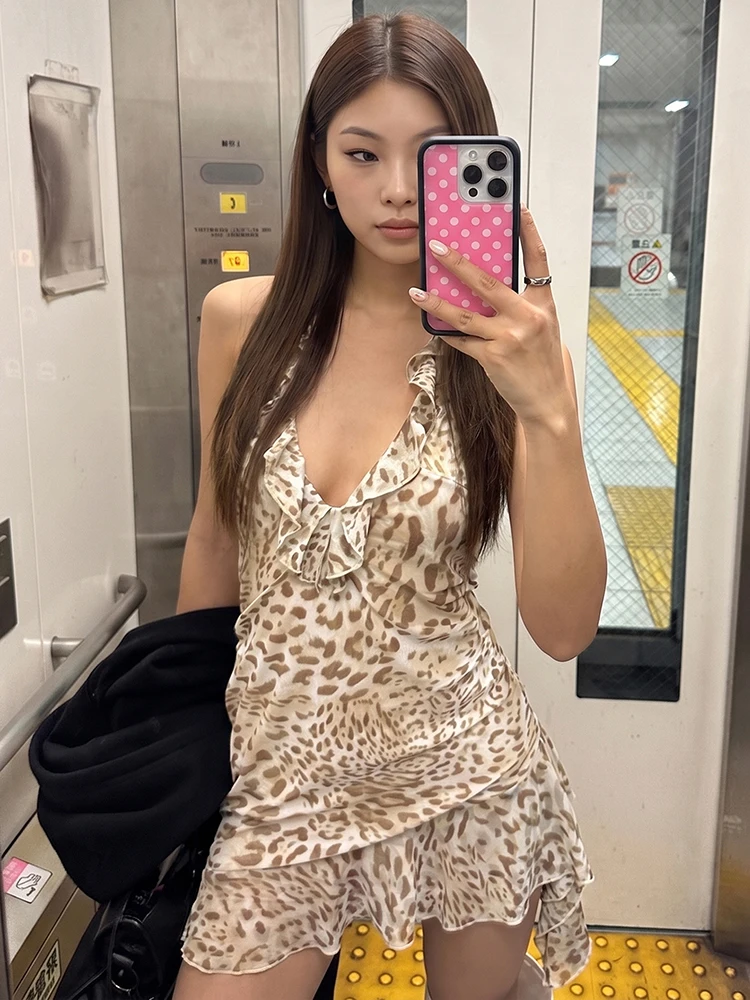 Weird Puss Leopard Print Backless Dress Women Hottie Trend Halter Bandages Irregular Hem Ruffled Patchwork Sexy Party Clubwear thumbnail 2