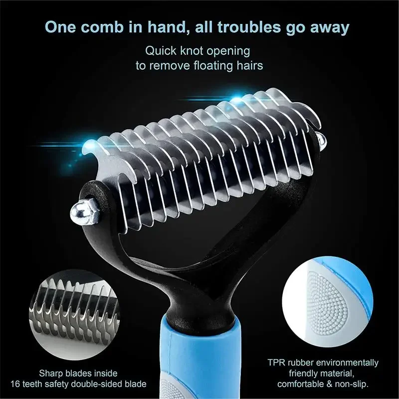 Professional Pet Deshedding Brush Double-Sided Curly Pet Hair Remover Comb Dematting Dog Comb Cat Brush Rake Puppy Grooming Tool thumbnail 3