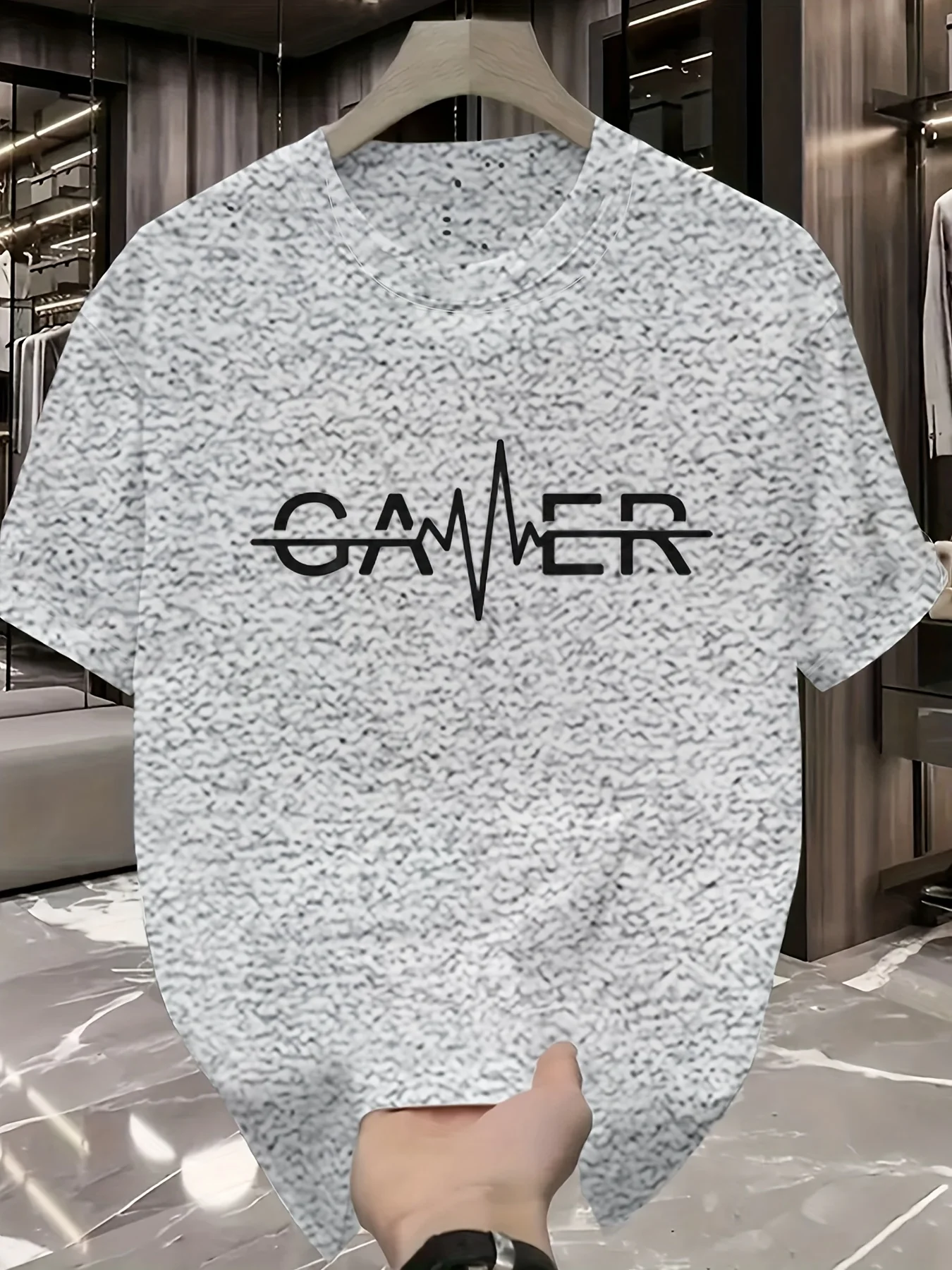 Men's summer 100% pure cotton fashionable casual GAMER electrocardiogram printed loose round neck short sleeved T-shirt top thumbnail 2