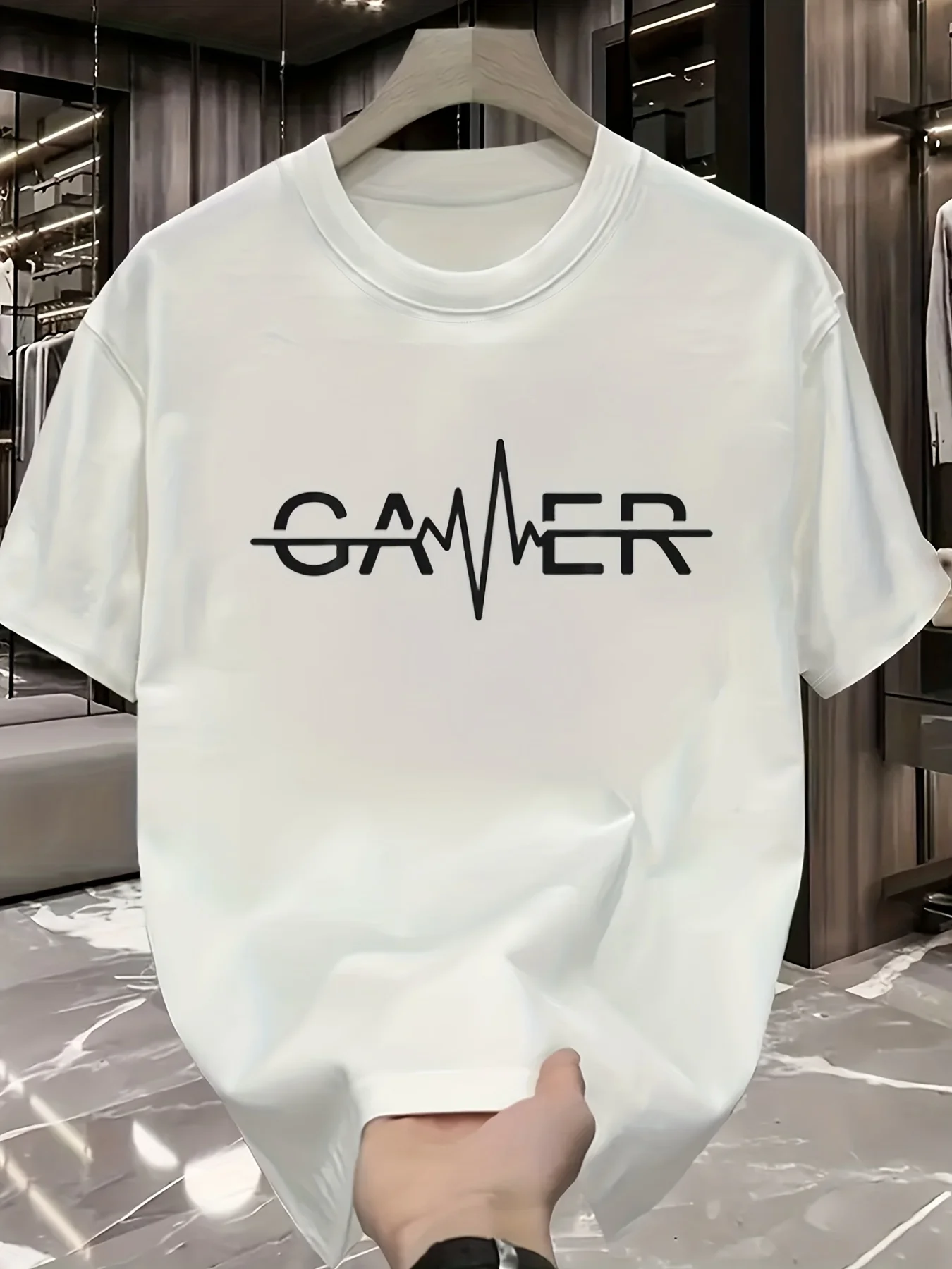 Men's summer 100% pure cotton fashionable casual GAMER electrocardiogram printed loose round neck short sleeved T-shirt top thumbnail 3