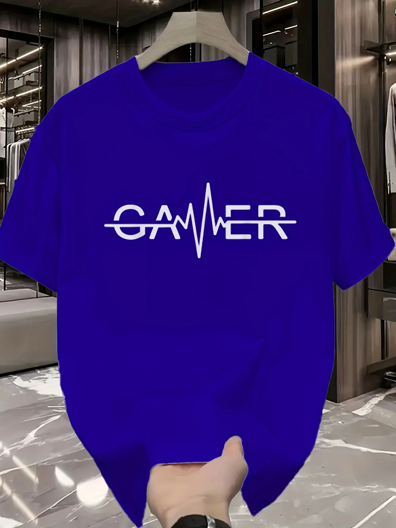 Men's summer 100% pure cotton fashionable casual GAMER electrocardiogram printed loose round neck short sleeved T-shirt top thumbnail 4