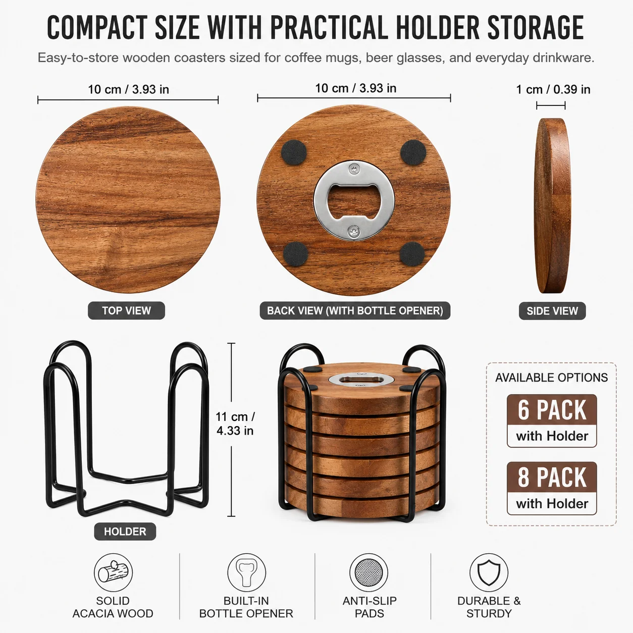 6/8 Pack Wooden Coaster with Bottle Opener 2 In 1 Drink Pad Anti Slip Bottom For Beer Coffee Mug Home Bar Desk Accessories thumbnail 4