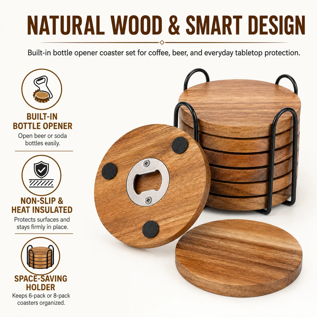 6/8 Pack Wooden Coaster with Bottle Opener 2 In 1 Drink Pad Anti Slip Bottom For Beer Coffee Mug Home Bar Desk Accessories thumbnail 2