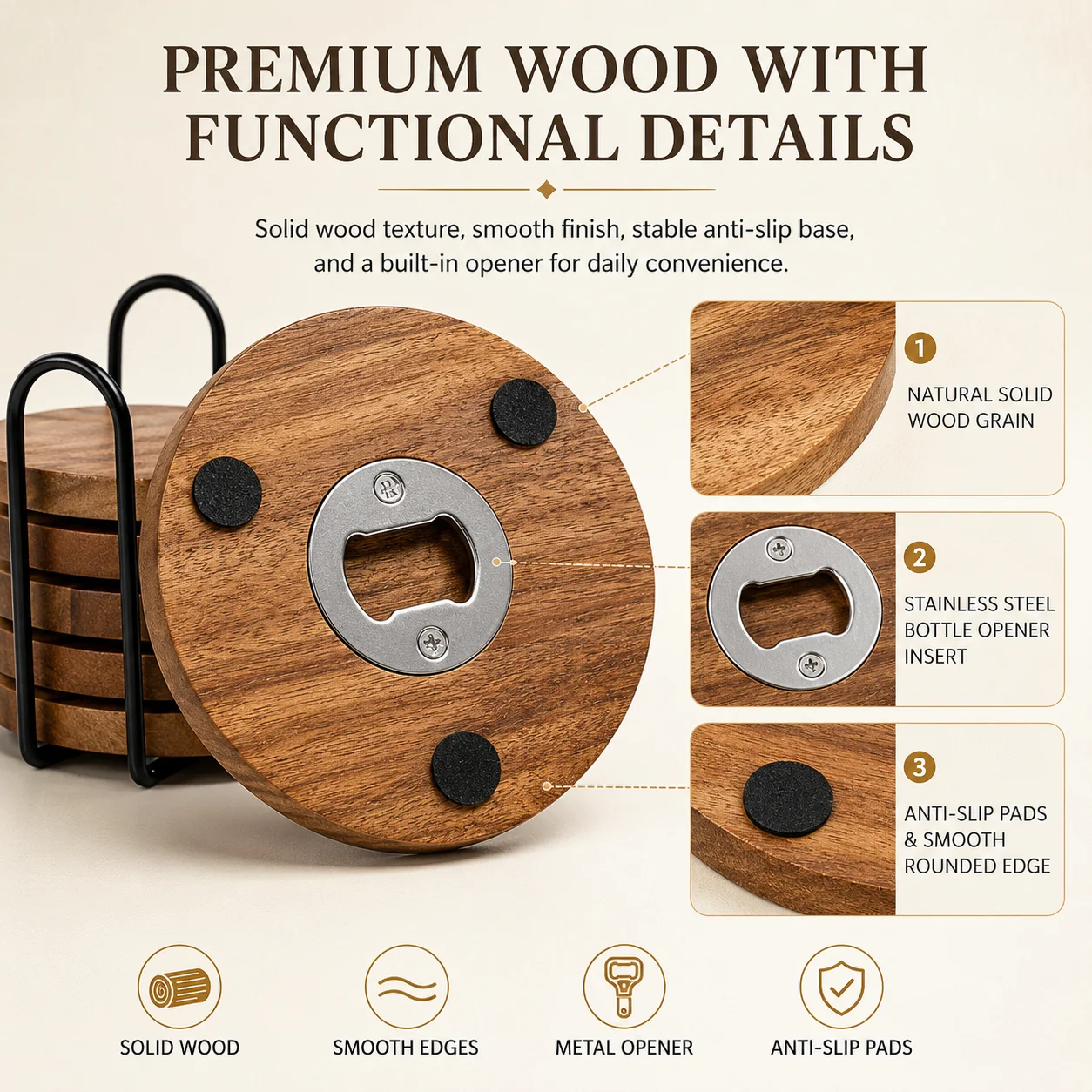 6/8 Pack Wooden Coaster with Bottle Opener 2 In 1 Drink Pad Anti Slip Bottom For Beer Coffee Mug Home Bar Desk Accessories thumbnail 5