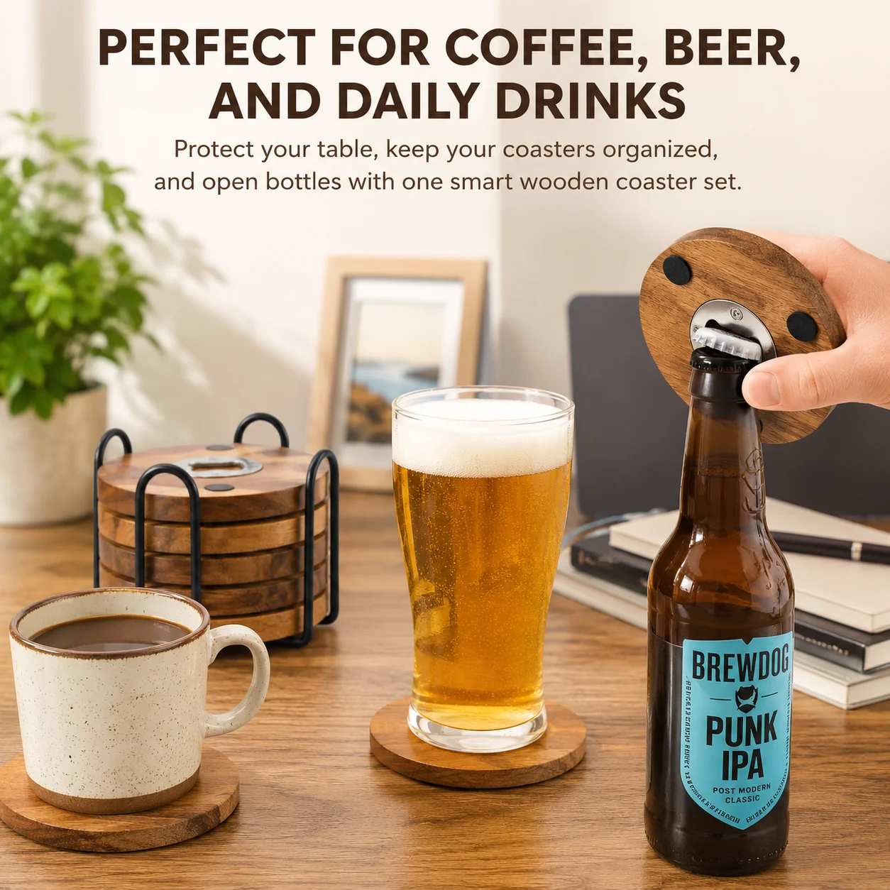6/8 Pack Wooden Coaster with Bottle Opener 2 In 1 Drink Pad Anti Slip Bottom For Beer Coffee Mug Home Bar Desk Accessories thumbnail 3