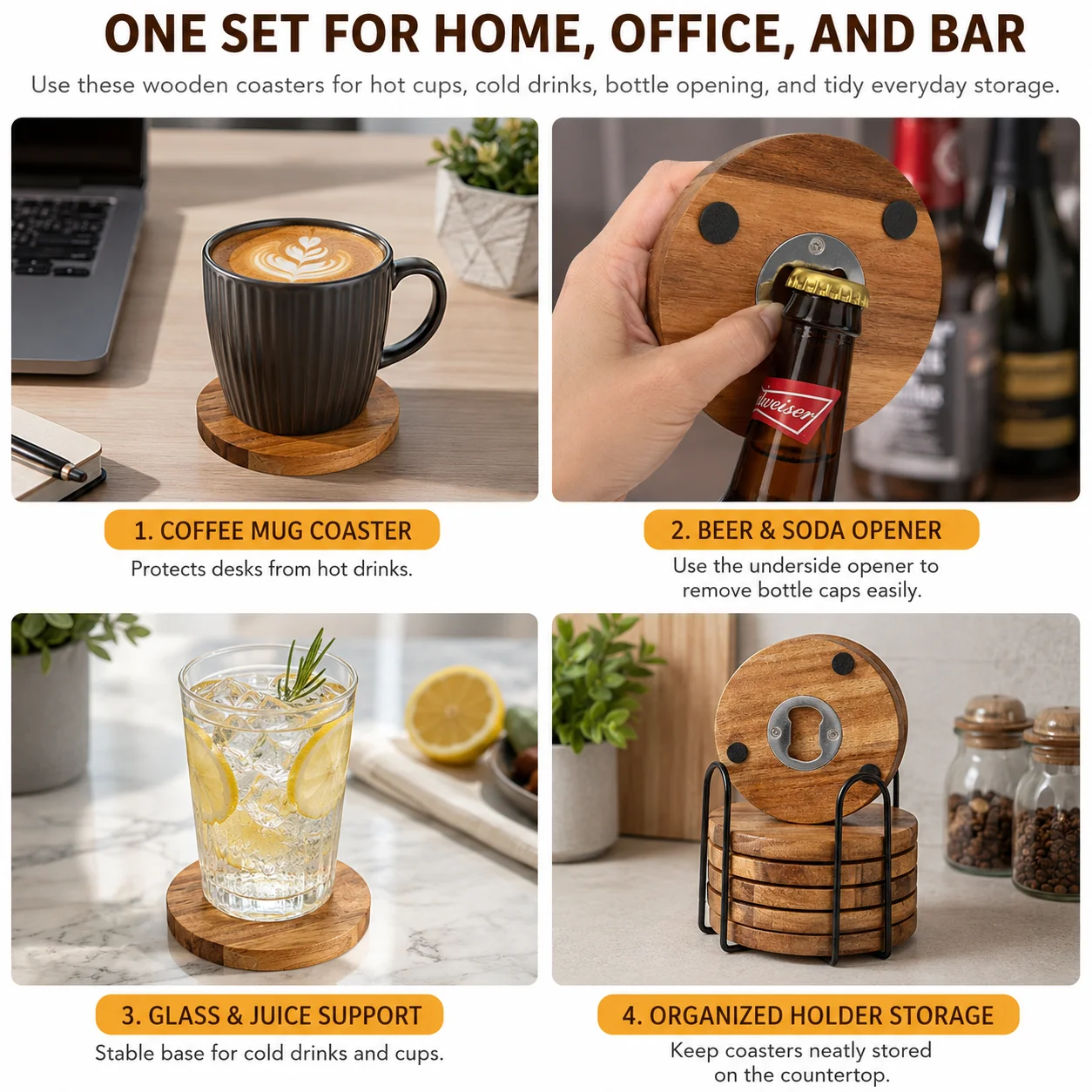 6/8 Pack Wooden Coaster with Bottle Opener 2 In 1 Drink Pad Anti Slip Bottom For Beer Coffee Mug Home Bar Desk Accessories thumbnail 6
