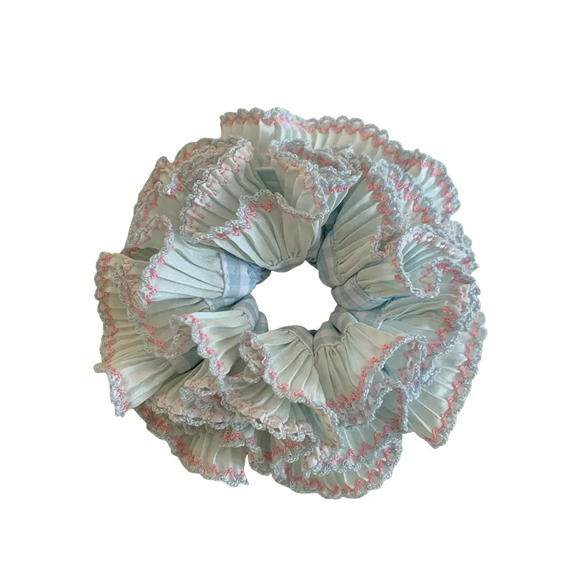 Cute Blue Checkered Ruffle Scrunchie Multi Layer Hair Band Women Hair Decor thumbnail 5