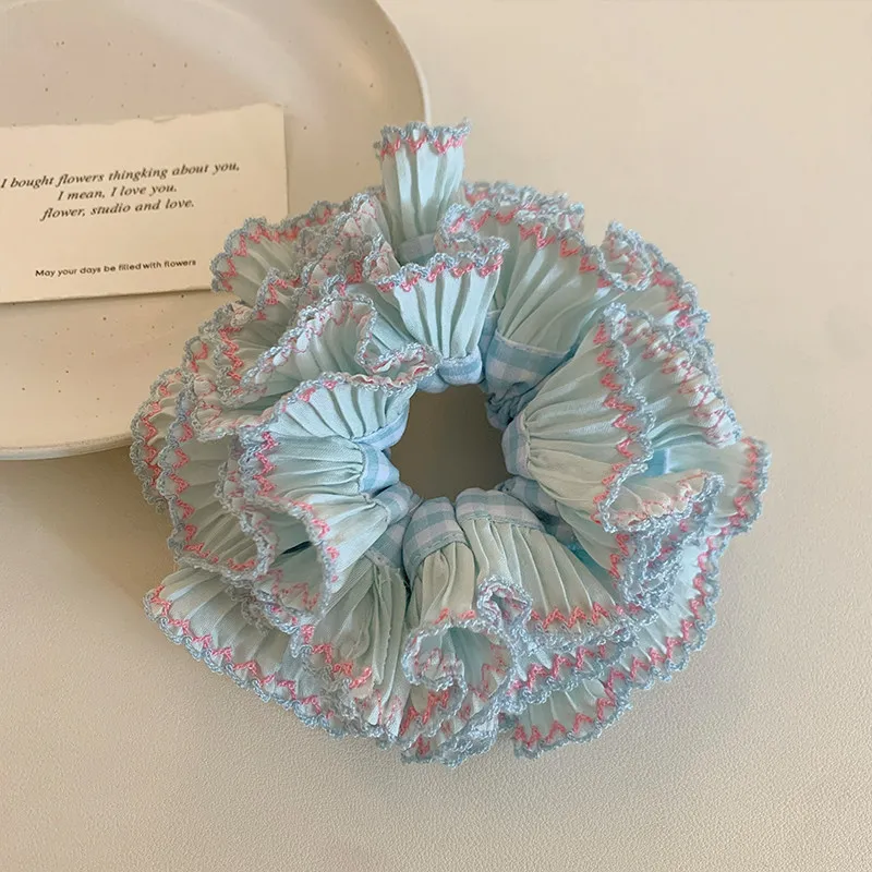 Cute Blue Checkered Ruffle Scrunchie Multi Layer Hair Band Women Hair Decor thumbnail 3