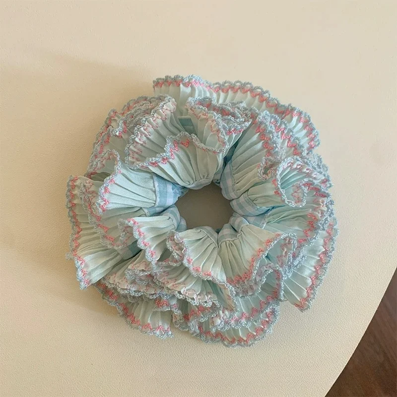 Cute Blue Checkered Ruffle Scrunchie Multi Layer Hair Band Women Hair Decor thumbnail 4