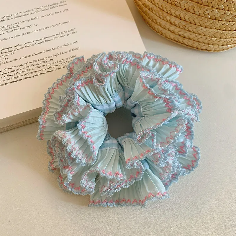 Cute Blue Checkered Ruffle Scrunchie Multi Layer Hair Band Women Hair Decor thumbnail 2