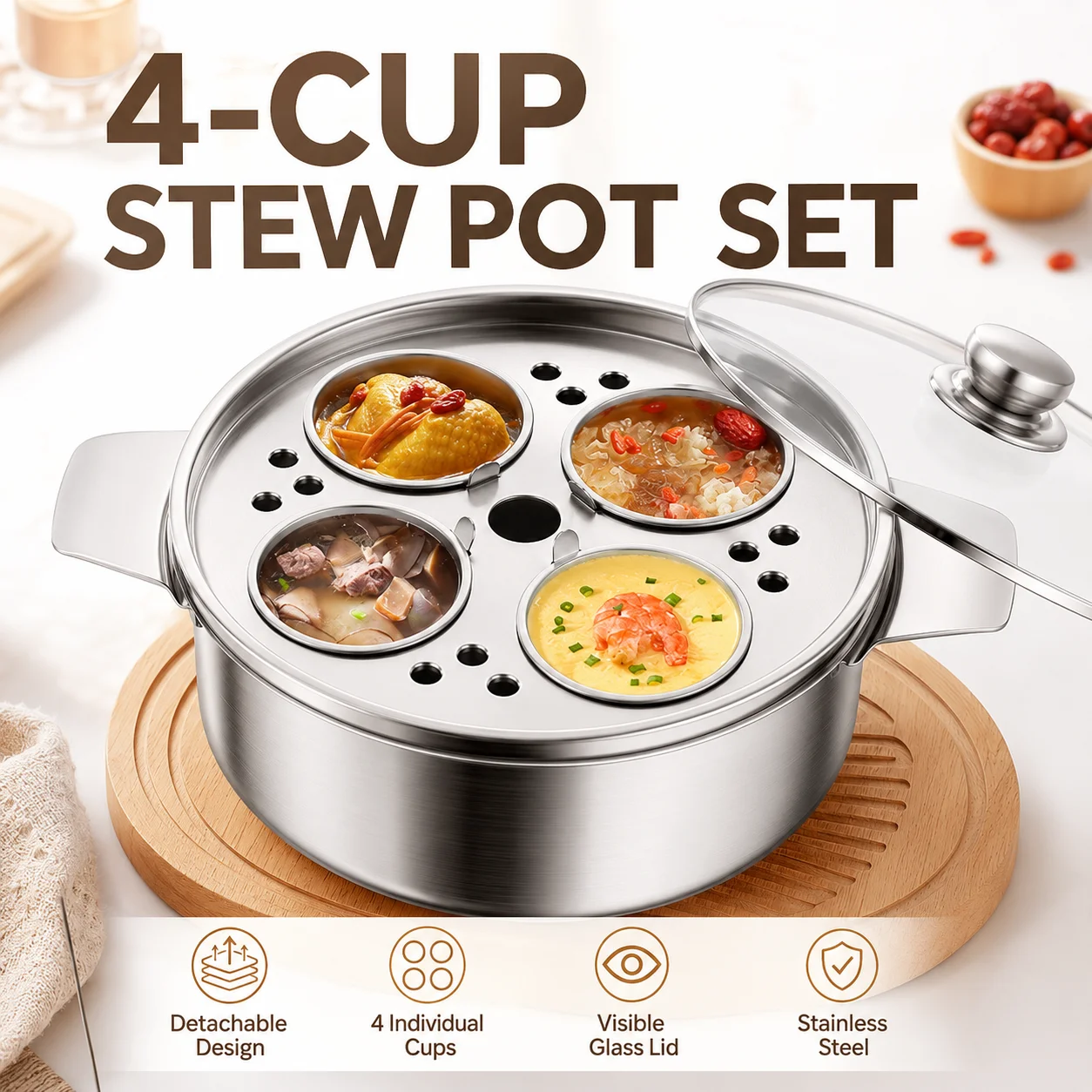 Stainless Steel Water Bath Stew Pot With 4 Inner Cups Induction Soup Steamer Kitchen Cookware For Healthy Meals Glass Lid thumbnail 6