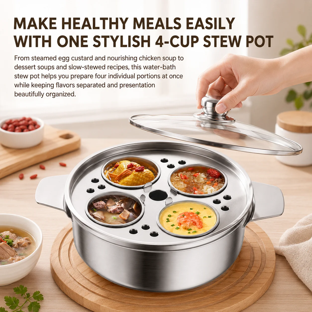 Stainless Steel Water Bath Stew Pot With 4 Inner Cups Induction Soup Steamer Kitchen Cookware For Healthy Meals Glass Lid thumbnail 2