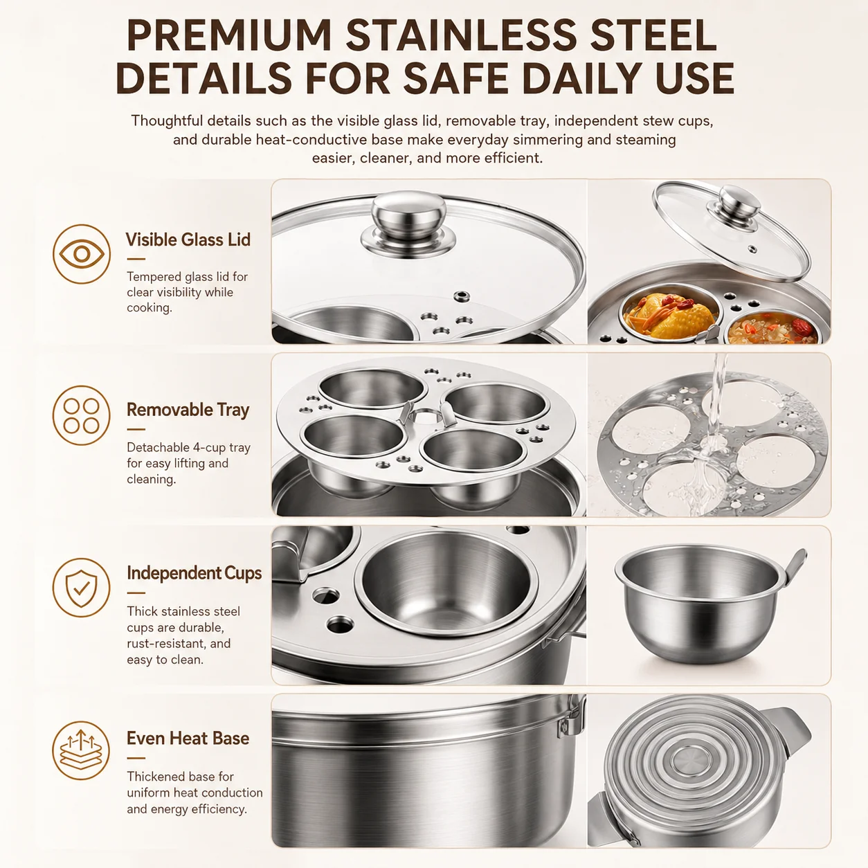 Stainless Steel Water Bath Stew Pot With 4 Inner Cups Induction Soup Steamer Kitchen Cookware For Healthy Meals Glass Lid thumbnail 4