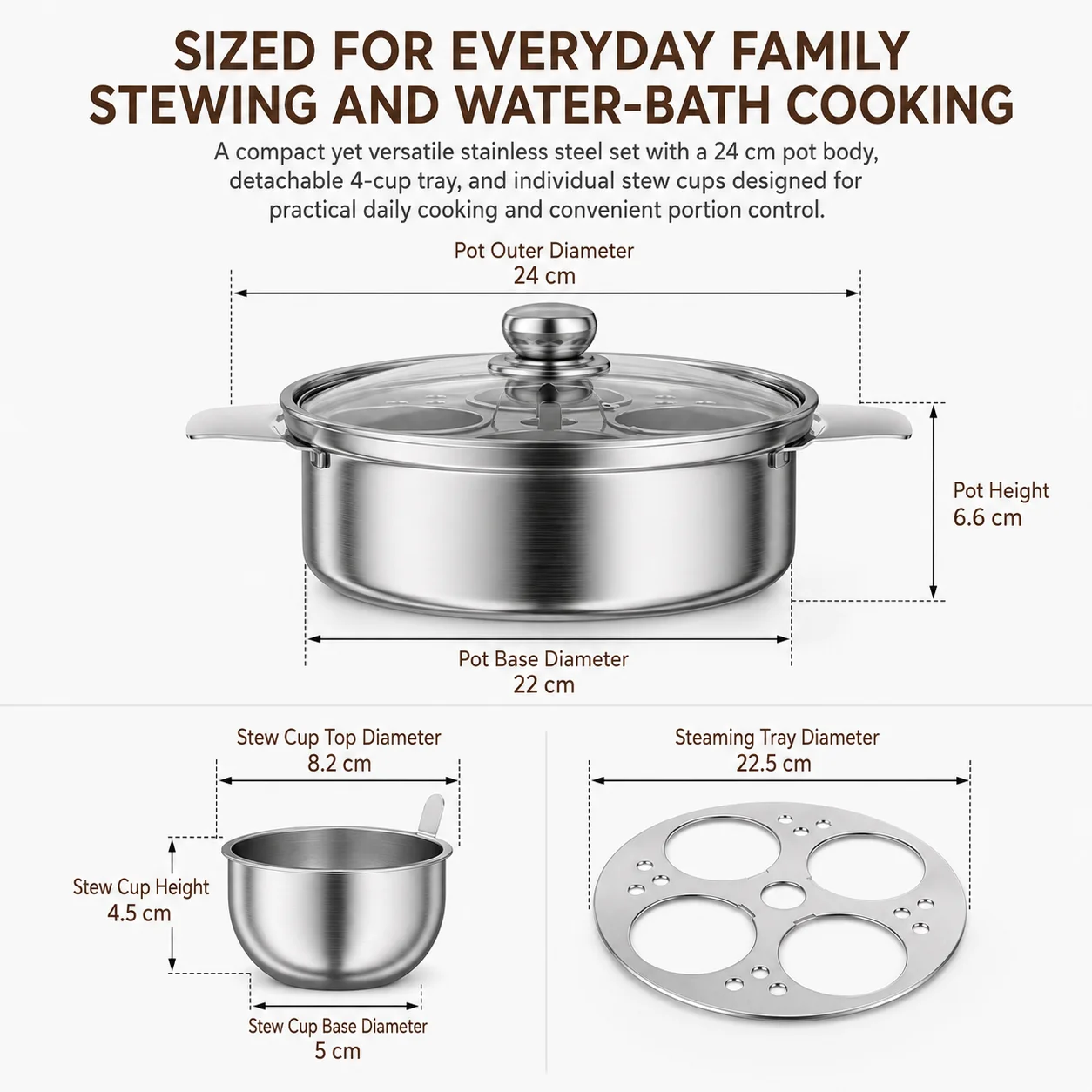 Stainless Steel Water Bath Stew Pot With 4 Inner Cups Induction Soup Steamer Kitchen Cookware For Healthy Meals Glass Lid thumbnail 3