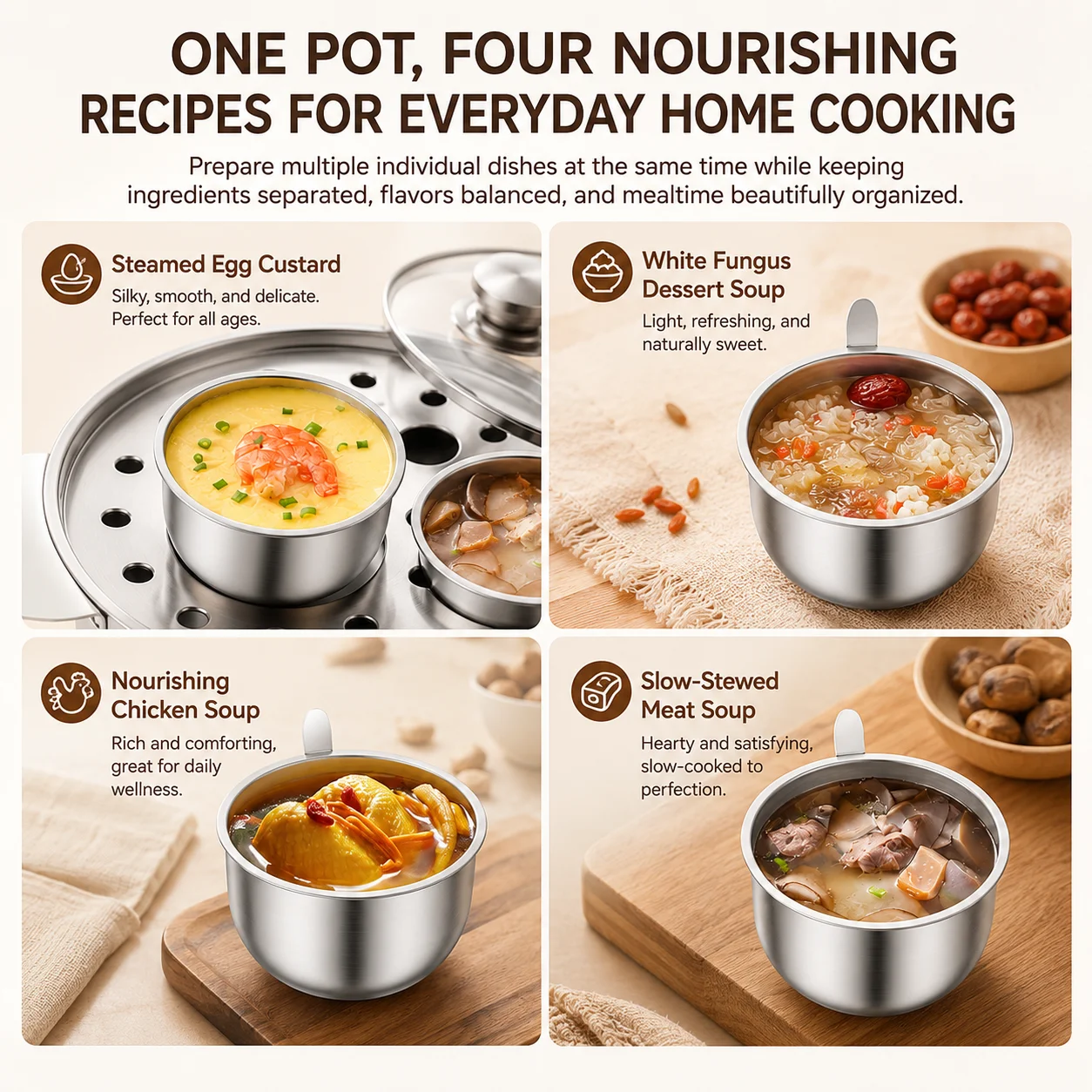 Stainless Steel Water Bath Stew Pot With 4 Inner Cups Induction Soup Steamer Kitchen Cookware For Healthy Meals Glass Lid thumbnail 5