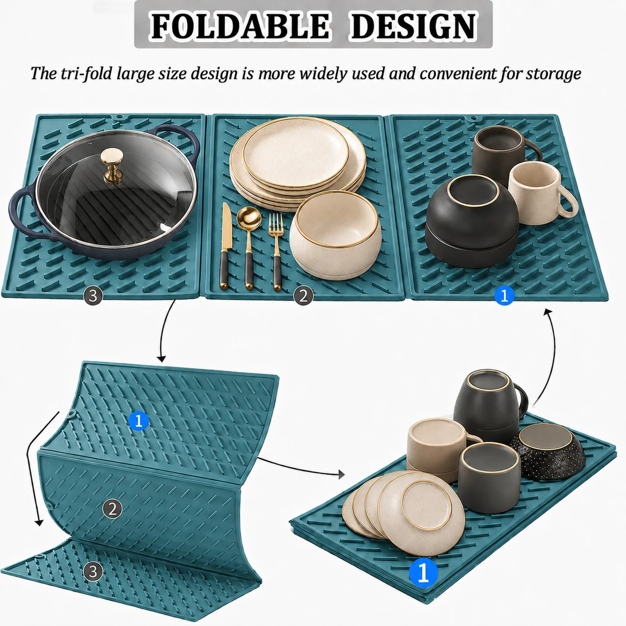 Large Silicone Dish Drying Mat Foldable Drainer Pad For Kitchen Countertop Heat Resistant Tableware Mat Non Slip Drying Mat Pad thumbnail 2