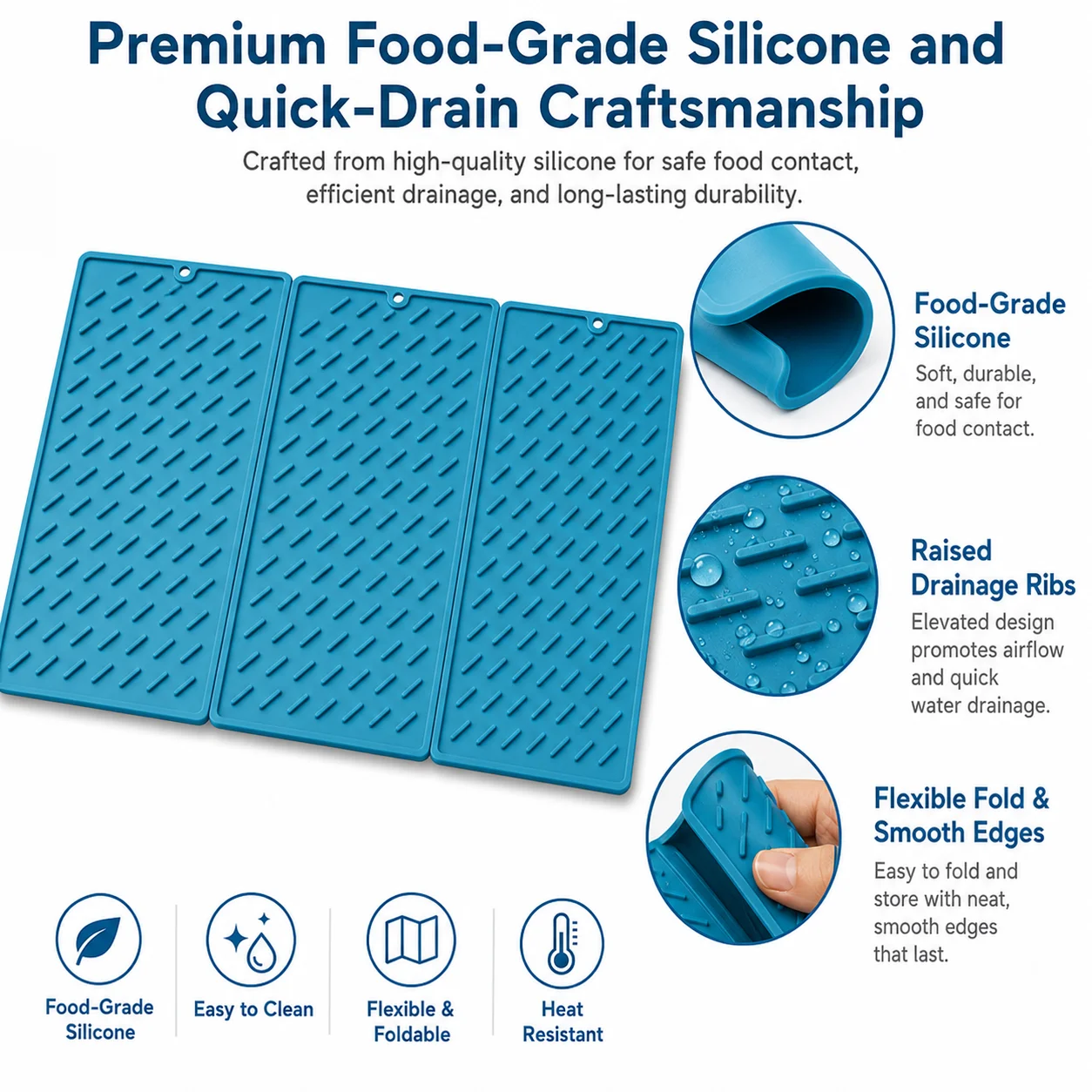 Large Silicone Dish Drying Mat Foldable Drainer Pad For Kitchen Countertop Heat Resistant Tableware Mat Non Slip Drying Mat Pad thumbnail 4