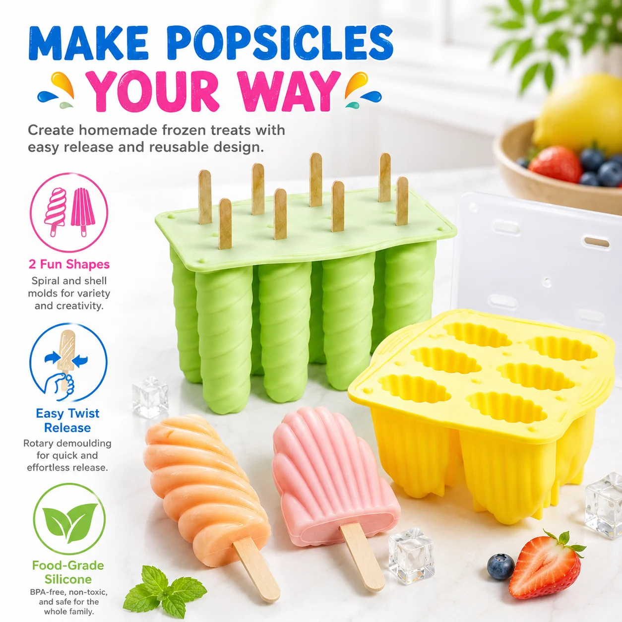 Silicone Popsicle Molds Unique Spiral And Shell Ice Pop Maker Flexible Reusable Ice Cream Tray For Homemade Summer Treats thumbnail 2