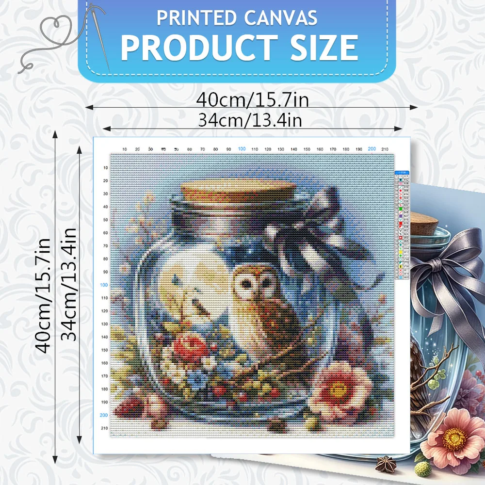 HUACAN Complete Cross Stitch Kit Owl Animal Flower Rose Threads Needlework Printed Canvas 11CT Embroidery Bottle Landscape thumbnail 2