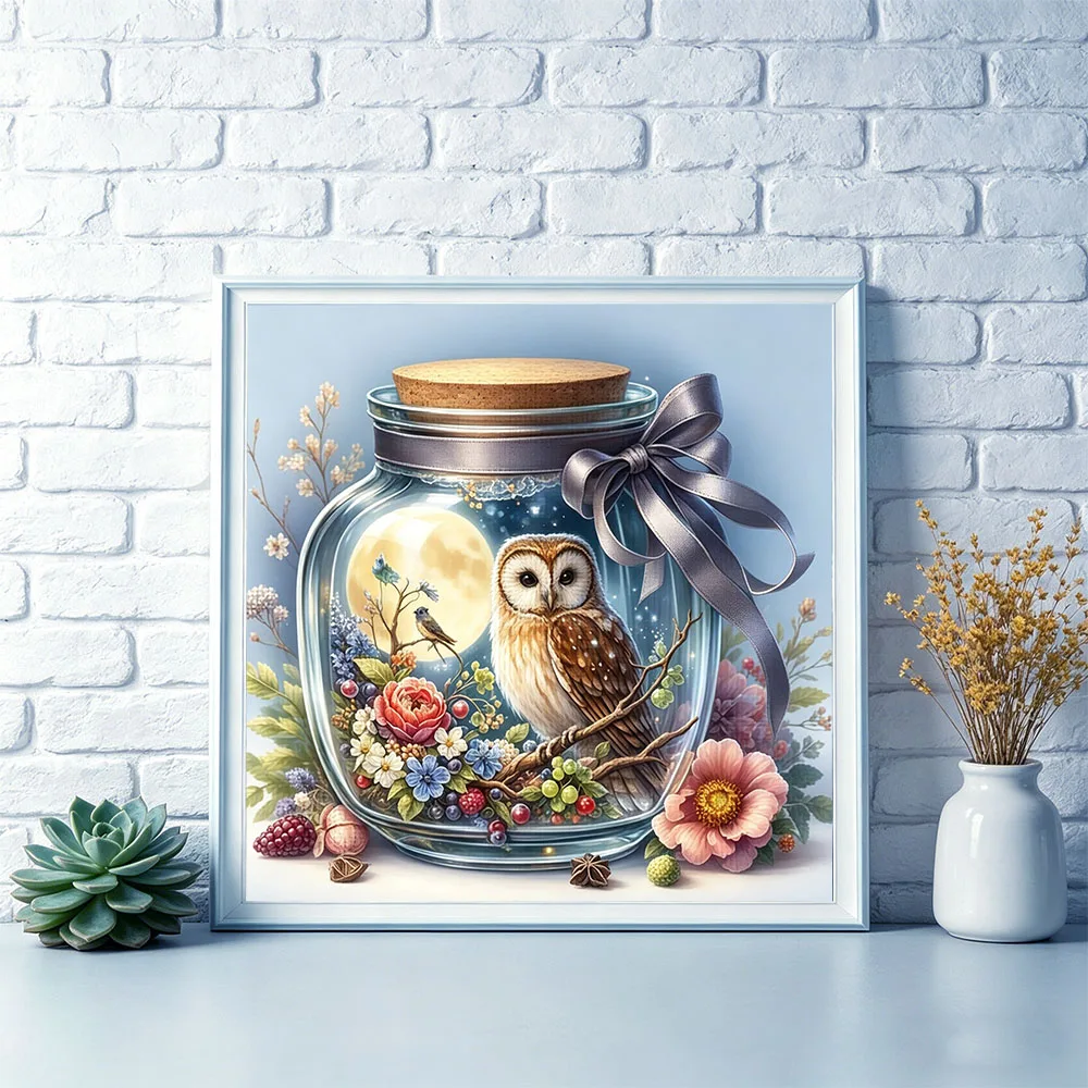 HUACAN Complete Cross Stitch Kit Owl Animal Flower Rose Threads Needlework Printed Canvas 11CT Embroidery Bottle Landscape thumbnail 3