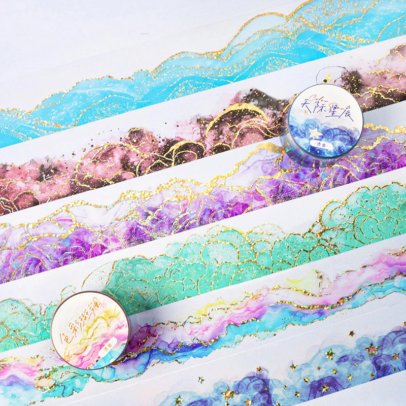1roll/3.5x200cm Watercolor Wash Theme Gold Foil PET Tape Stickers, Soft Watercolor Blending Shimmering Gold Foil Details thumbnail 2