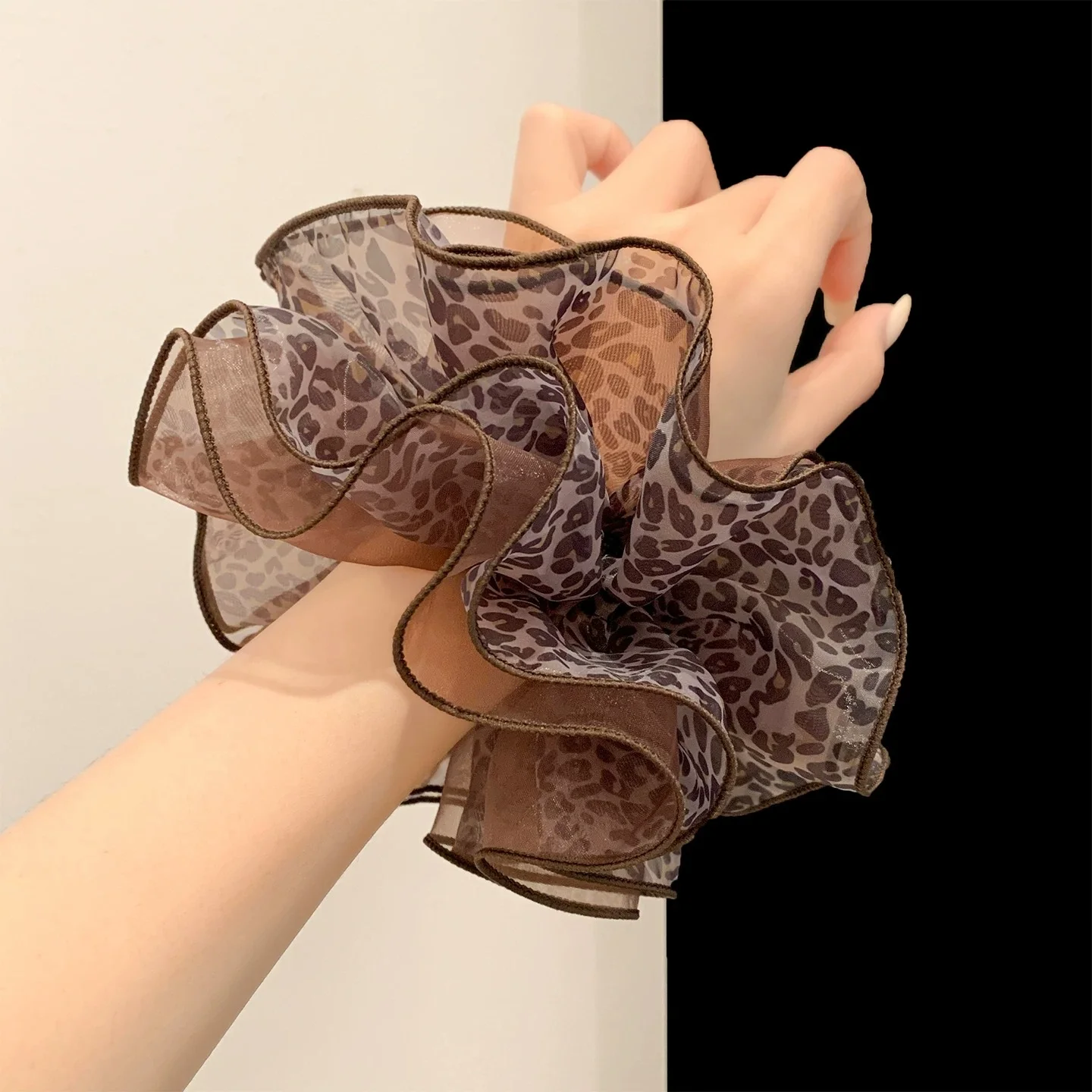 Retro Leopard Print Mesh Double Scrunchie Korean Style Large Elastic Hair Band thumbnail 5