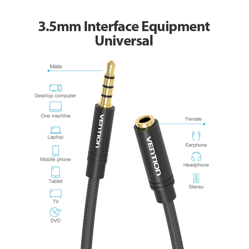 Vention Jack 3.5 Aux Extension Cable for Car Laptop Mini PC TV Xiaomi Huawei Stereo 3.5 mm Jack Headphone Speaker Cable Auxiliar thumbnail 5