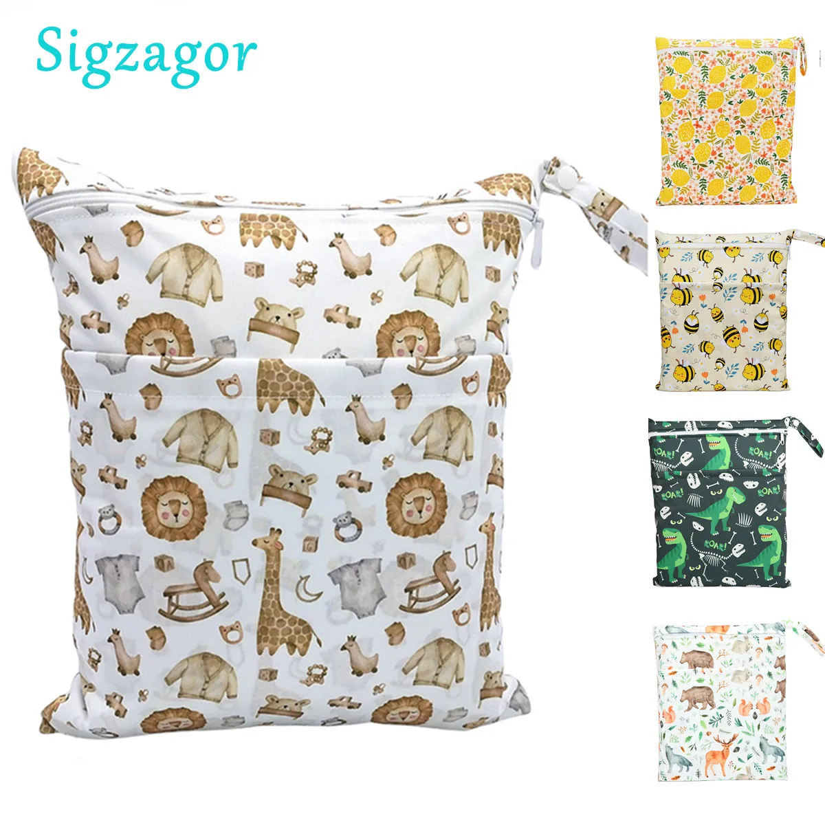 [Sigzagor]Wet Dry Bag With Two Zippered Baby Diaper Bag Nappy Bag Waterproof Reusable Washable