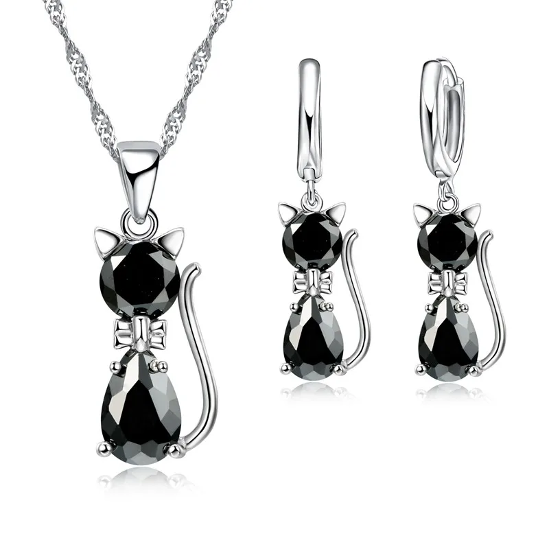 Hot Fashion Silver CZ Jewelry Sets 925 Silver  Cute Cat Shaped Necklace Hoop Earring Set For Women/girls Gifts thumbnail 3