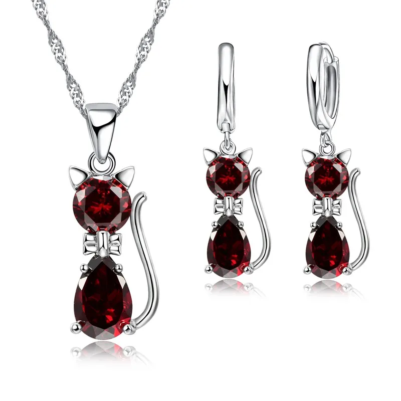 Hot Fashion Silver CZ Jewelry Sets 925 Silver  Cute Cat Shaped Necklace Hoop Earring Set For Women/girls Gifts thumbnail 4