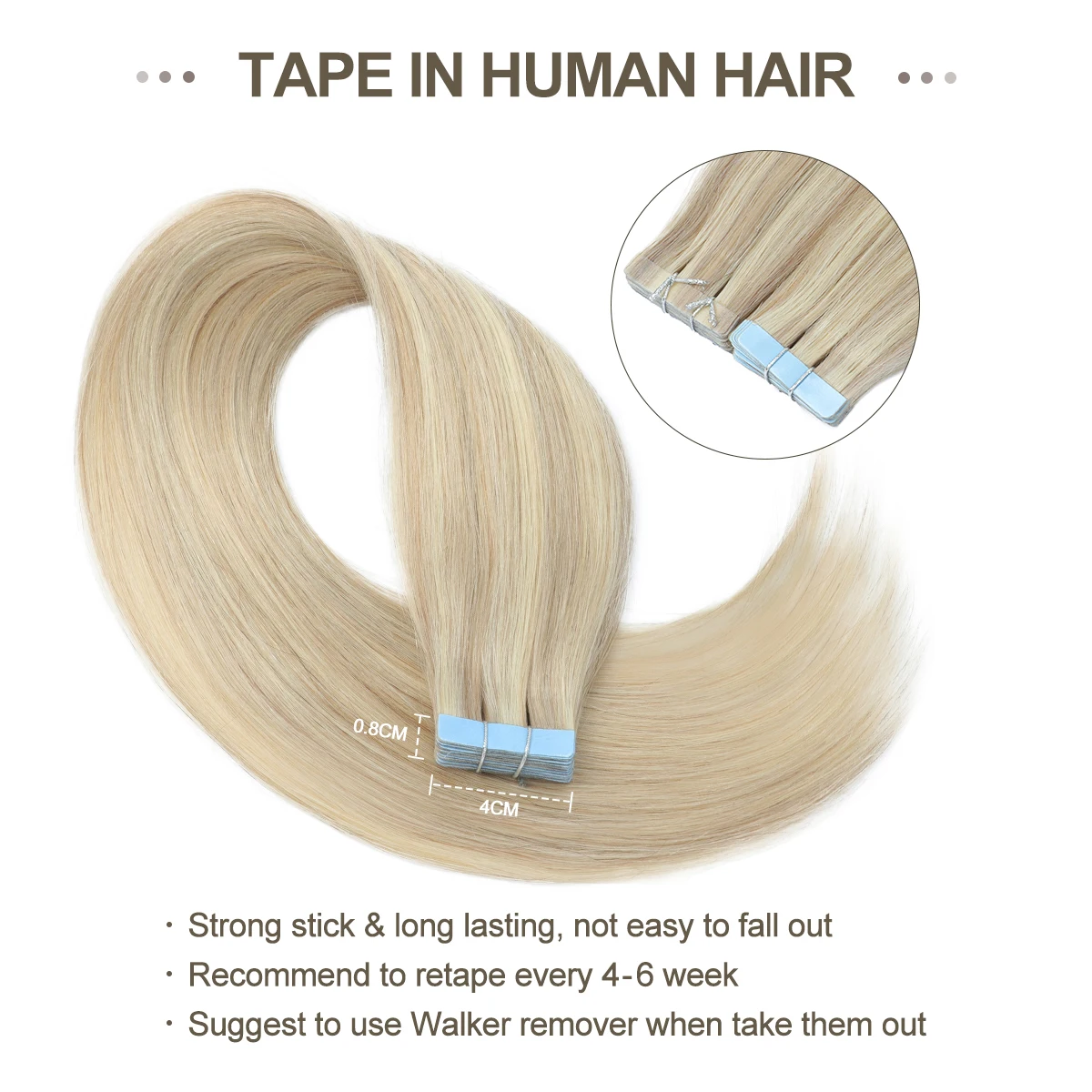MRSHAIR Tape in Hair Extensions Human Hair Blonde Seamless Tape Hair Extensions 4x0.8cm Skin Weft PU Tape On Hair 20PCS 12"-24" thumbnail 3