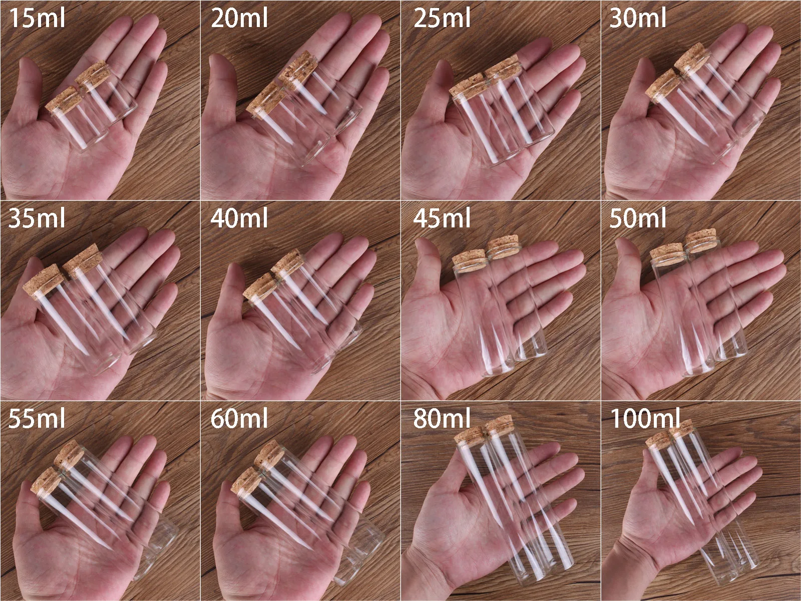 15ml/25ml/30ml/35ml/40ml/45ml/50ml/55ml/60ml/80ml/100ml Small Glass Test Tube with Cork Stopper Dragees Jars Bottles 24 pieces thumbnail 2