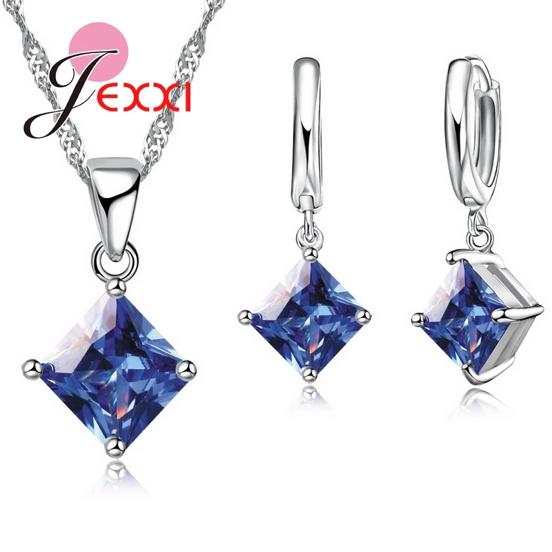 8 Colors 925 Sterling Silver Women Wedding Beautiful Pendant Necklace Earrings Set Clearly Square Crystal Jewelry Sets thumbnail 2