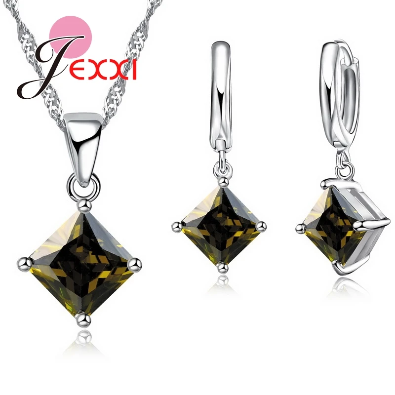 8 Colors 925 Sterling Silver Women Wedding Beautiful Pendant Necklace Earrings Set Clearly Square Crystal Jewelry Sets thumbnail 3
