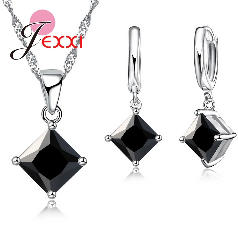 8 Colors 925 Sterling Silver Women Wedding Beautiful Pendant Necklace Earrings Set Clearly Square Crystal Jewelry Sets thumbnail 6