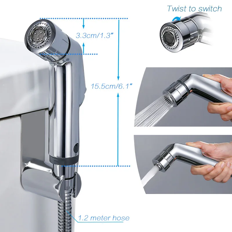 Two function toilet hand bidet faucet bathroom bidet shower sprayer brass T adapter 1.2m hose tank hooked  holder easy install thumbnail 3