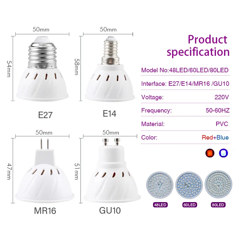 LED Grow Light E14 E27 MR16 GU10 AC 220V Full Spectrum Led Bulb Plant Lamp Red Blue UV IR for Grow Tent Greenhouse Grow Lighting thumbnail 2