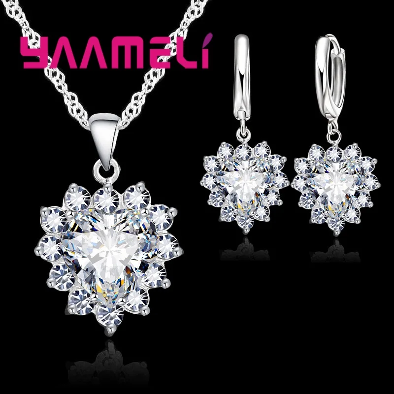 Trendy 925 Sterling Silver Jewelry Set for Women Heart CZ Stone Charm Pendants Necklaces Earrings LOVE Anniversary Gift thumbnail 5