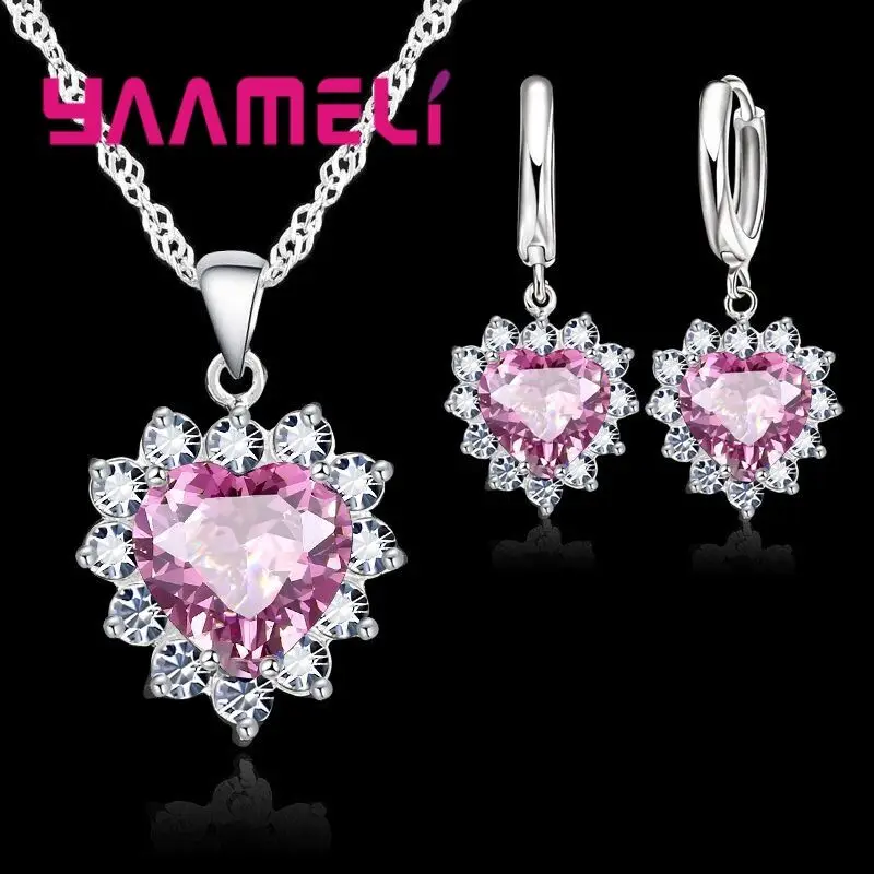Trendy 925 Sterling Silver Jewelry Set for Women Heart CZ Stone Charm Pendants Necklaces Earrings LOVE Anniversary Gift thumbnail 2