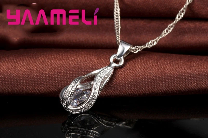 Hot Water Drop CZ 925 Sterling Silver Jewelry Set For Women Pendant Necklace Hoop Earrings Wedding Party Ceremoey Anel thumbnail 5