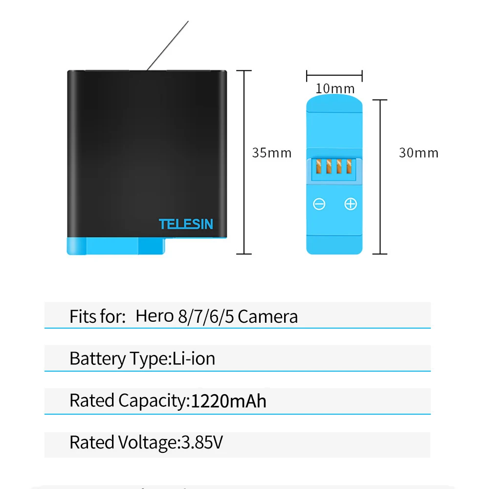TELESIN 1220mAh 3Pack Battery 3 Slots LED Light Battery Charger Storage Box Type C Cable for GoPro Hero 5 6 7 8 Black Camera thumbnail 6