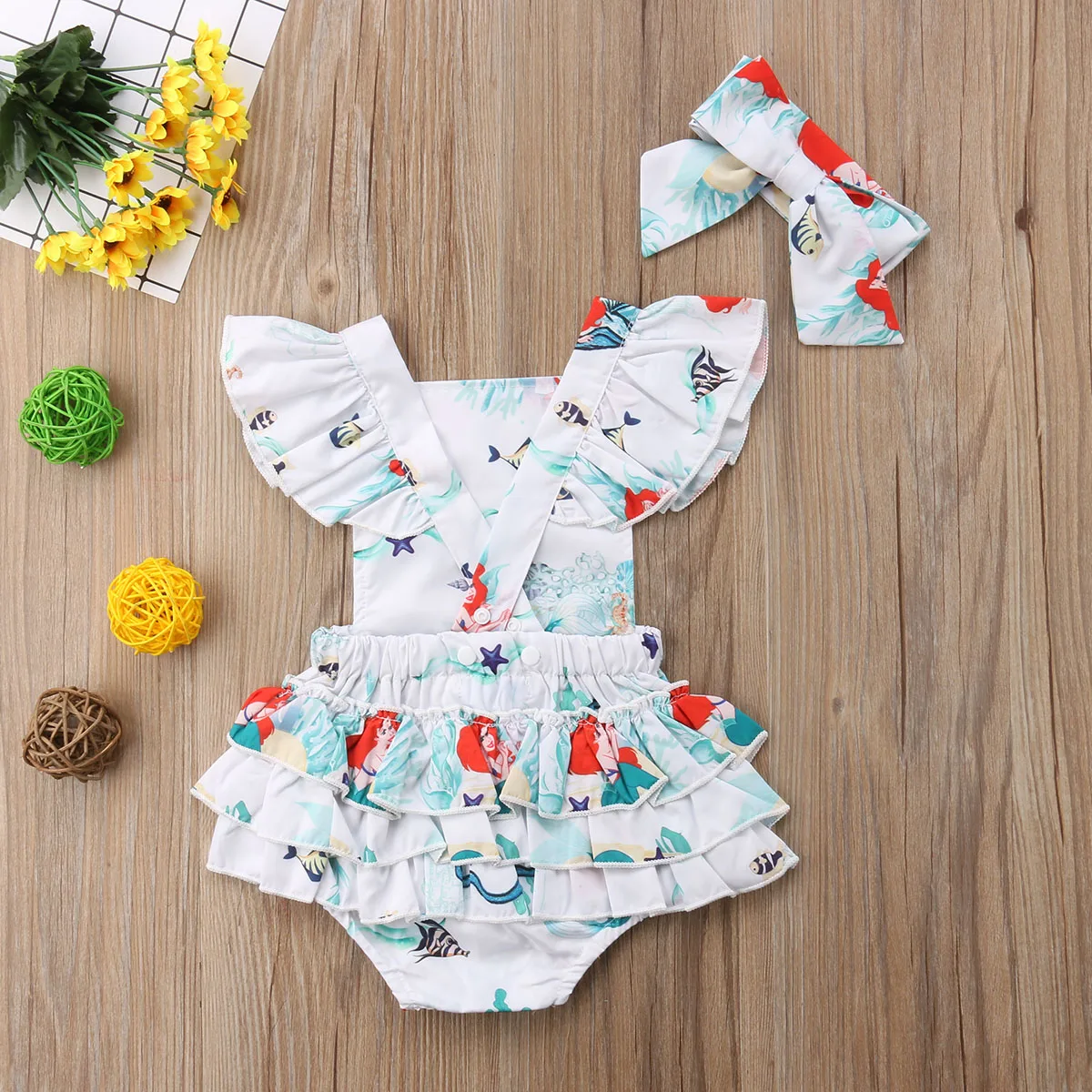 2018 Brand New Infant Newborn Cute Toddler Baby Girls Lace Bodysuit Jumpsuit Outfits Fish Clothes Headband 2Pcs Sets thumbnail 5