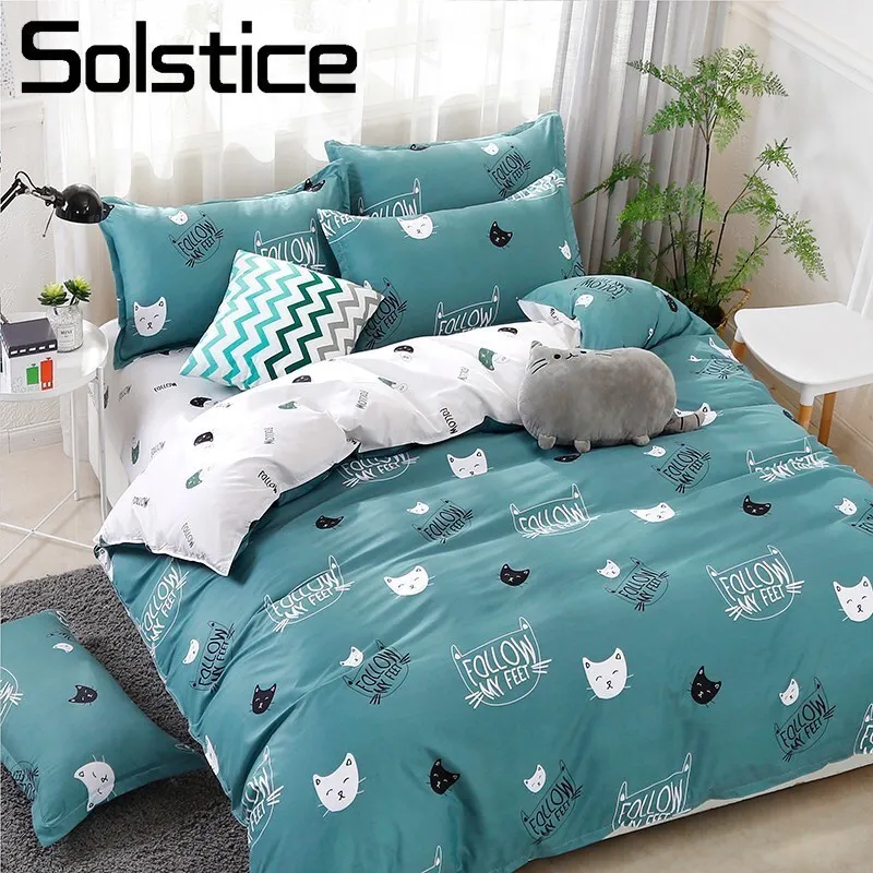 Solstice Home Textile Cyan Cute Cat Kitty Duvet Cover Pillow Case Bed Sheet Boy Kid Teen Girl Bedding Covers Set King Queen Twin thumbnail 3