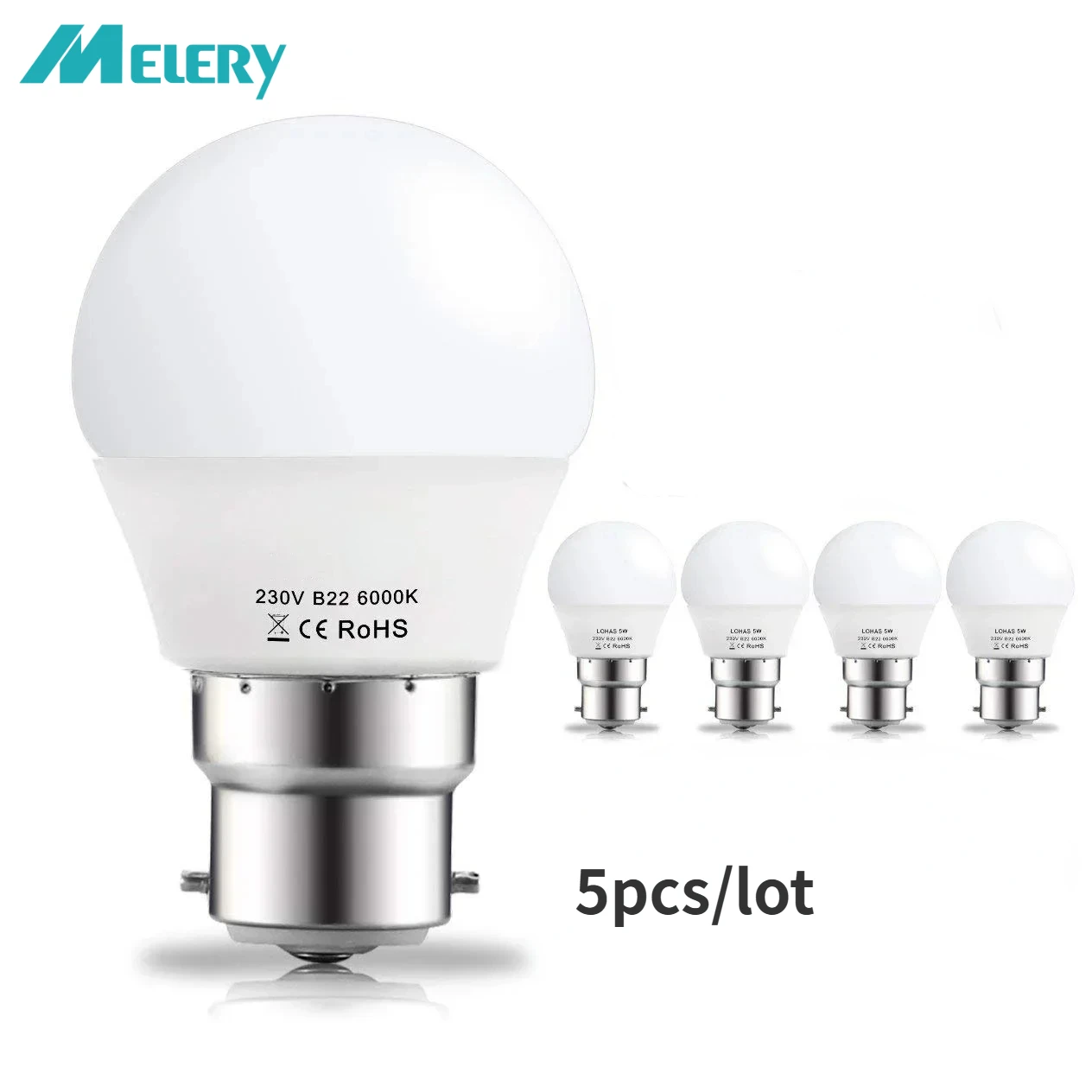 Melery B22 LED Light Bulb G45 5W Lamp Day White 6000K 400lm Bayonet Base 35W Incandescent Equivalent [Energy Class A+] 5Pack