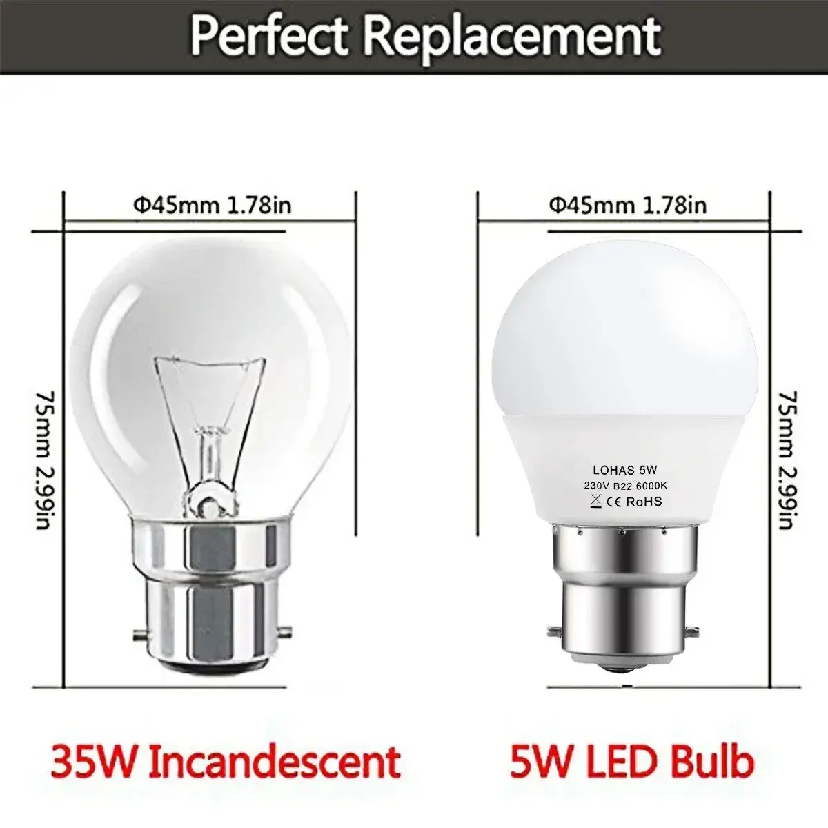 Melery B22 LED Light Bulb G45 5W Lamp Day White 6000K 400lm Bayonet Base 35W Incandescent Equivalent [Energy Class A+] 5Pack thumbnail 2