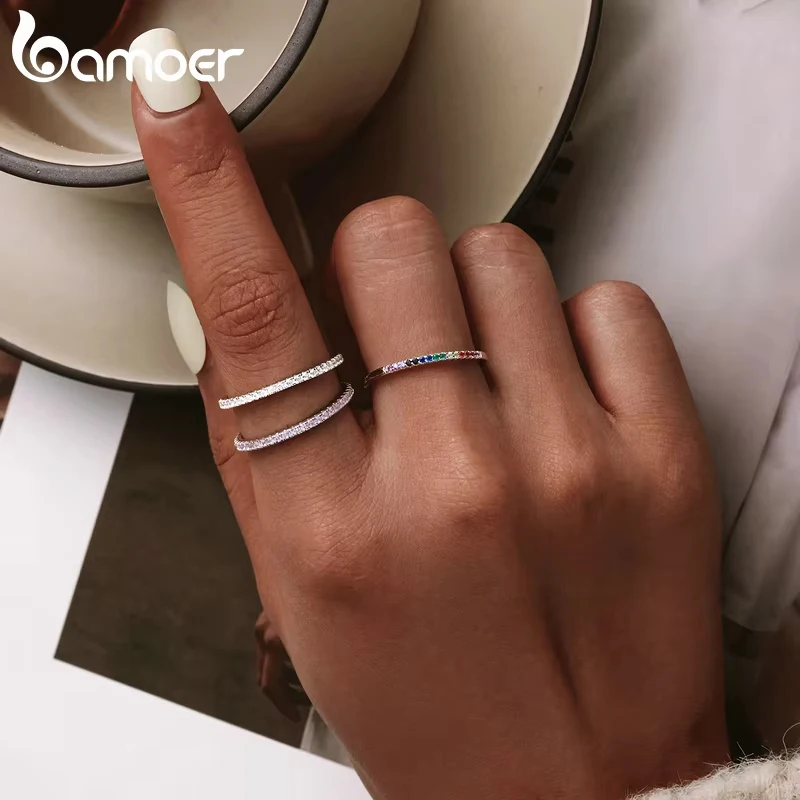 BAMOER 925 Sterling Silver Full Paved Simulated Diamond Stackable Rings, Women Gold Plated Engagement Eternity Bands Colored CZ thumbnail 2