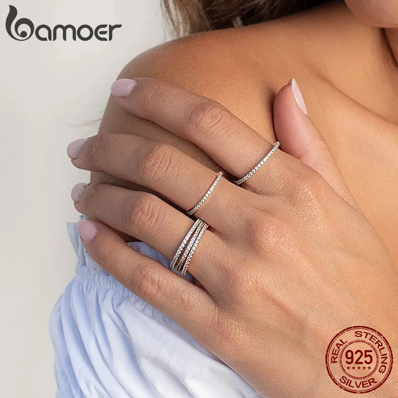 BAMOER 925 Sterling Silver Full Paved Simulated Diamond Stackable Rings, Women Gold Plated Engagement Eternity Bands Colored CZ thumbnail 3